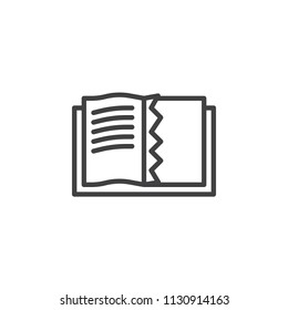 Open book with a torn page outline icon. linear style sign for mobile concept and web design. simple line vector icon. Symbol, logo illustration. Pixel perfect vector graphics