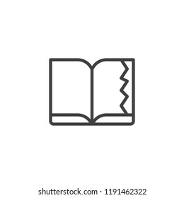 Open book with a torn page outline icon. linear style sign for mobile concept and web design. simple line vector icon. Symbol, logo illustration. Pixel perfect vector graphics