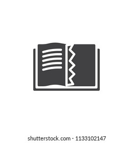 Open book with a torn page vector icon. filled flat sign for mobile concept and web design. simple solid icon. Symbol, logo illustration. Pixel perfect vector graphics