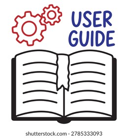 An open book with torn pages labeled user guide and two red gears above