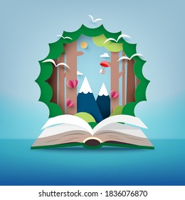 Open book of travel.Paper art of Nature and Imagination for idea concept.Vector illustration.