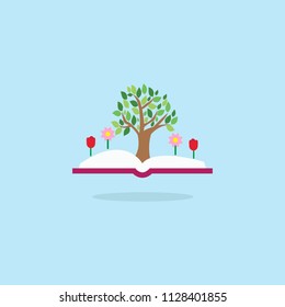 Open book with tree and flowers. Inspiration pictogram. Power of knowledge and education sign.