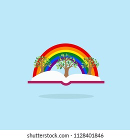 Open book with tree and rainbow. Inspiration pictogram. Power of knowledge and education sign.