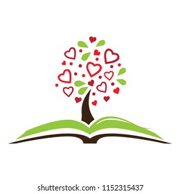 open book and tree with red hearts, logo icon