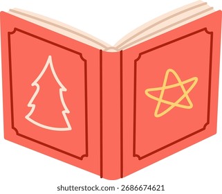 An open book with a tree and star on the cover in a flat style. The book features festive icons drawn with simple lines. Cartoon vector illustration.