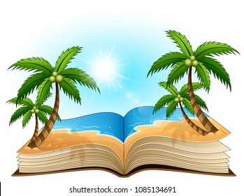 Open book with tropical beach on a white background
