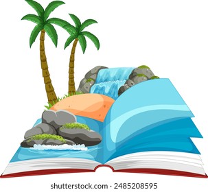 Open book with tropical landscape illustration