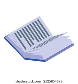 Libro abierto con las páginas que giran está volando en el aire, icono isométrico