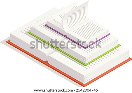 Open book with turning pages lying on two closed books forming a stack, studying, learning and education concept, isometric view