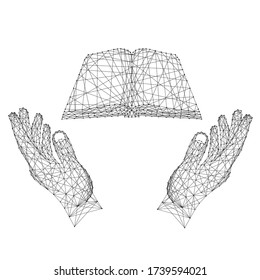 Open book and two holding, protecting hands from abstract futuristic polygonal black lines and dots. Vector illustration.