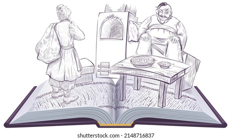 Open book ukraine literature reading Evenings on Farm near Dikanka. Vector cartoon illustration isolated on white