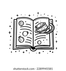 Open book with universe, planets, stars and galaxies,hand drawn illustration.