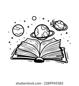 Open book with universe, planets, stars and galaxies,hand drawn illustration.