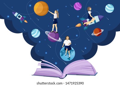 Open book universe reading fantasy Vector flat style. Creativity school kids education reading concept
