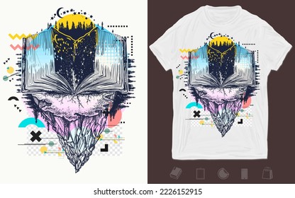 Open book in universe. Symbol of wisdom, education, knowledge. Zine culture concept. Hand drawn vector glitch tattoo. T-shirt design. Creative print for clothes. Template for posters