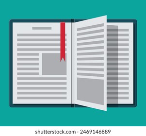 Open book with an upside down page and bookmark. Reading, education, e-book, literature, encyclopedia. Vector illustration in flat style