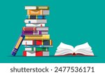 Open book with an upside down pages and pile of books. Reading, education, e-book, literature, encyclopedia. Vector illustration in flat style