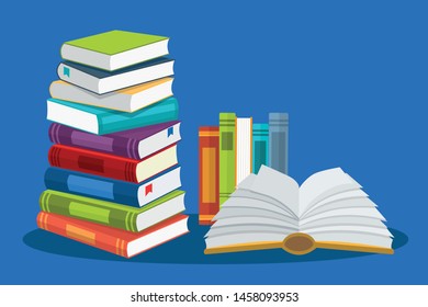 Open book with an upside down pages and pile of books. Reading, education, e-book, literature, encyclopedia. Vector illustration in flat style
