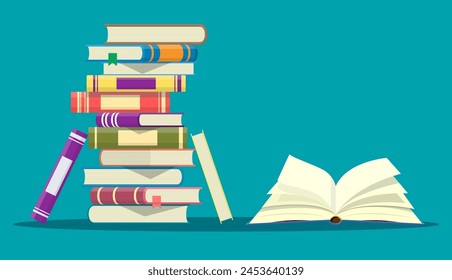 Open book with an upside down pages and pile of books. Reading, education, e-book, literature, encyclopedia. Vector illustration in flat style