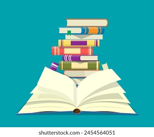 Open book with an upside down pages and pile of books. Reading, education, e-book, literature, encyclopedia. Vector illustration in flat style