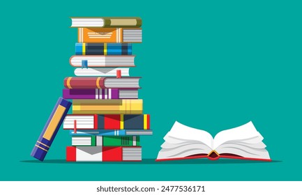 Open book with an upside down pages and pile of books. Reading, education, e-book, literature, encyclopedia. Vector illustration in flat style