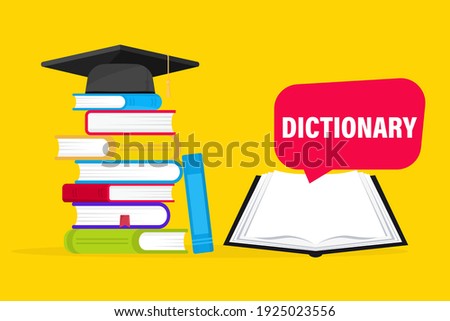 Open book with an upside down pages and pile of books. Dictionary of english language icon. Translate vocabulary symbol