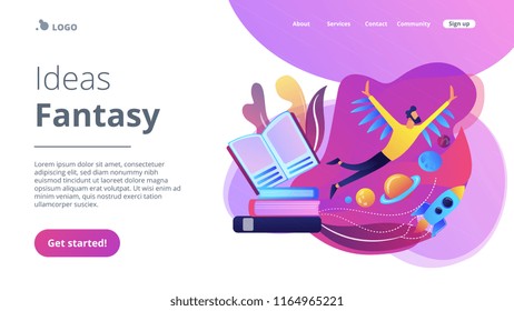 Open book, user flying in space among planets. Ideas and fantasy concept landing page. Inspiration and creative thinking, imagination and vision, motivation, violet palette. Vector illustration.