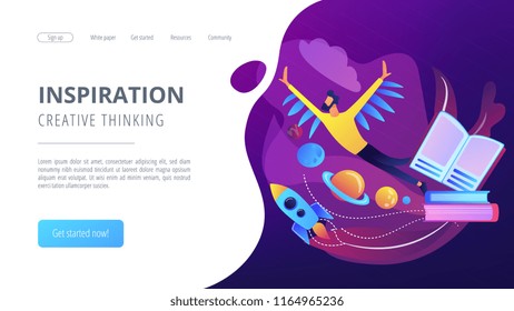 Open book, user flying in space among planets. Inspiration and creative thinking landing page. Imagination and vision, fantasy, motivation concept. Vector illustration on ultraviolet background.