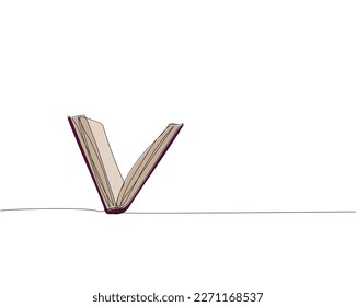 Libro abierto en forma de v, cuaderno, diario de una línea de arte coloreado. Dibujo continuo en color de línea de libro, biblioteca, educación, escuela, estudio, literatura, papel, libro de texto, conocimiento, aprendizaje, página, lectura.
