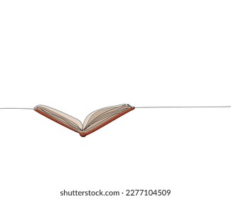 Open book v shaped one line colored art. Continuous line color drawing of book, library, education, school, study, literature, paper, textbook, knowledge, read, learn, page, reading.
