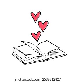 Open Book Vector Cartoon Illustration. Open Book with Hearts Minimalist Black Sketch Linear Drawing. Education Concept. Reading Lovers Vector Illustration.