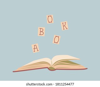 Open book vector flat illustration with letters. Source of knowledge. Design element for poster, card, educational courses, advertising, web, social media articles.