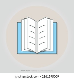 Icono de vector de libro abierto aislado en un estilo plano. Estudio y conocimiento, biblioteca y educación, ciencia y literatura. revista y sombras, texto y líneas. Trazo editable.