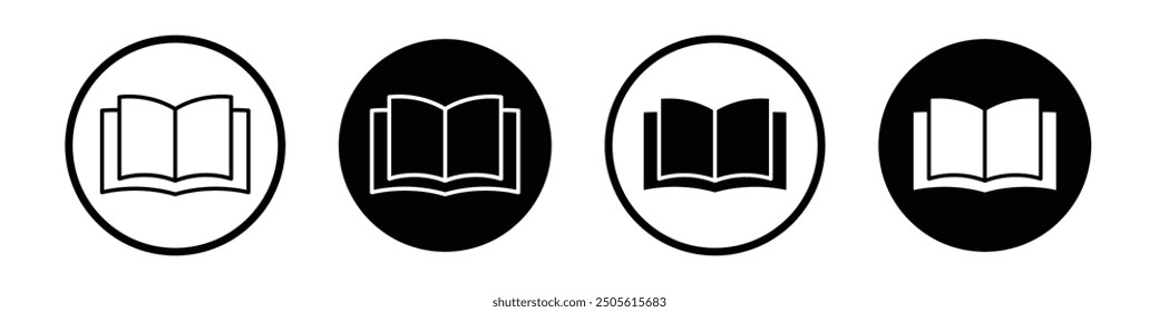 Open book vector icon set black filled and outlined style.
