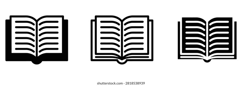 Open book vector icon set, education school textbook symbol for library reading study learning literature university handbook encyclopedia dictionary manual knowledge, flat linear outline style