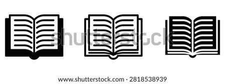 Open book vector icon set, education school textbook symbol for library reading study learning literature university handbook encyclopedia dictionary manual knowledge, flat linear outline style