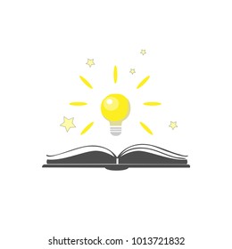 Open book vector icon with shining bulb over it. Flat design. Open book logo. Vector Illustration