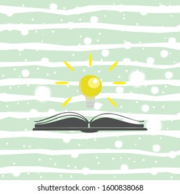 Open book vector icon with shining bulb over it. Colorful Flat design. Open book logo. Vector Illustration
