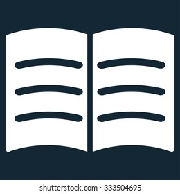 Open Book vector icon. Style is flat symbol, white color, rounded angles, dark blue background.