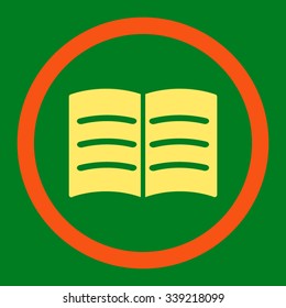 Open Book vector icon. Style is bicolor flat rounded symbol, orange and yellow colors, rounded angles, green background.