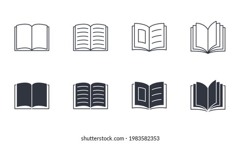 Abrir iconos vectoriales de libro. Trazo editable. Lectura de narración en folletos de la revista. Estudio de conocimiento escolar Biblia. Ilustración de línea de stock