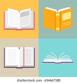 Open book vector icons in a flat style. Study and knowledge, library and education, science and literature. Isolated open books in various positions.
