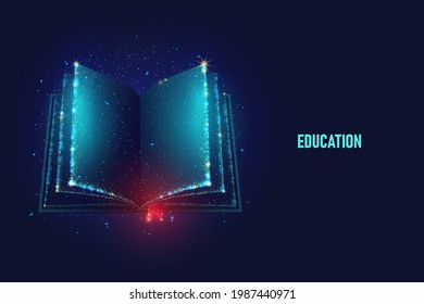 Open book vector illustration made of neon particles. Bright magic book art in modern abstract style consists of colorful dots.