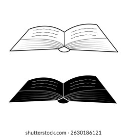 Open Book Vector Illustration Outline and Solid Versions. The top version features a clean black outline with curved lines. The bottom version is a solid black silhouette.