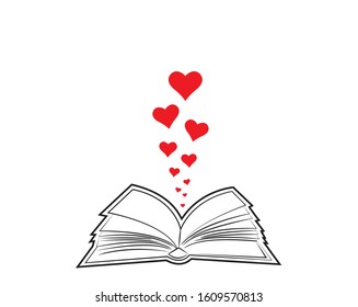 Open book vector with red hearts illustration. 