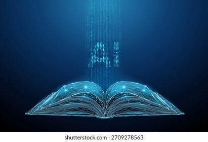 Open book with vertical streams of blue digital dots and letters AI. Knowledge expansion, learning systems, data processing, information flow concept. Low poly digital futuristic style. Vector.