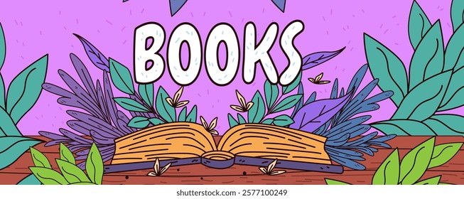 Open book with vibrant leaves and butterflies on a wooden surface against a purple background. Nature and reading theme