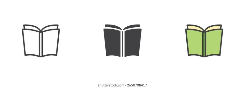 Abrir livro com o pacote de ícones de páginas visíveis. Linha, contorno preenchido e estilo de vetor de glifo sólido. Ícone de livro para temas de biblioteca, leitura, literatura e educação.
