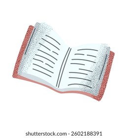 Open book with visible text lines. Minimalistic and textured illustration. For education, reading, and study-related themes