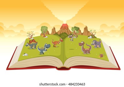 Open book with volcano and funny cartoon dinosaurs. Prehistoric nature landscape. 